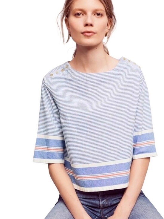Maeve Tops - Maeve by Anthropologie Sullivan Striped Top - Blue & White Nautical Boatneck